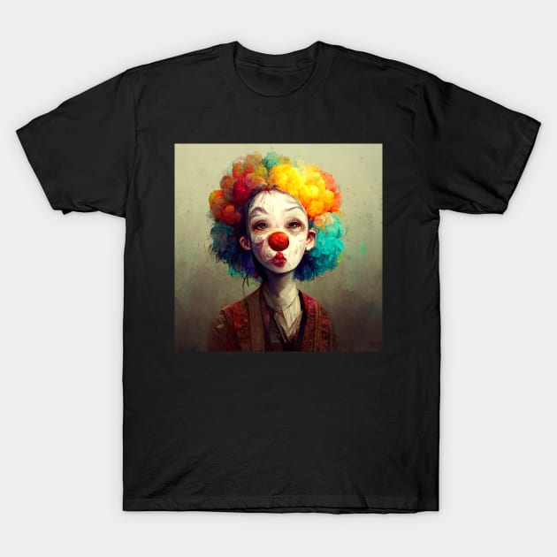 Colorful clown face with big hair. T-Shirt by Liana Campbell